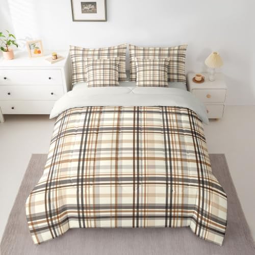 Castle Fairy Neutral Plaid 7pcs Comforter Set Twin Size,Earthy Cream