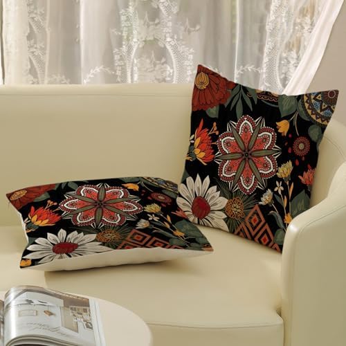 Boho Pillow Covers 18x18 Pack of 2 Black Red Floral Throw Pillow Cover