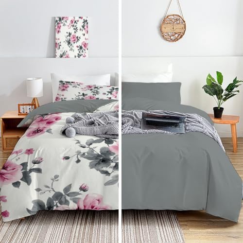 Grey Country Watercolor Roses King Duvet Cover Set Microfiber