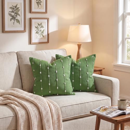AVOIN colorlife Olive Green Boho Linen Throw Pillow Covers 22x22 Inch