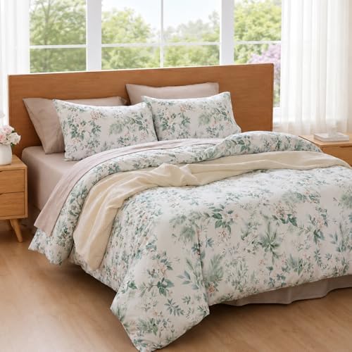 100% Cotton Pink Floral Duvet Cover Queen Size – Green Botanical Duvet