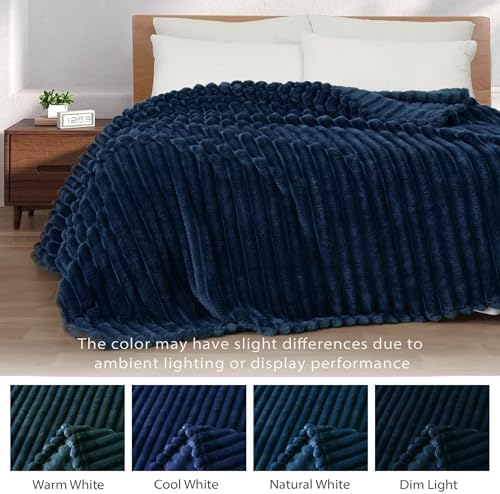 Exclusivo Mezcla Striped California King Fleece Bed Blanket, Navy Blue