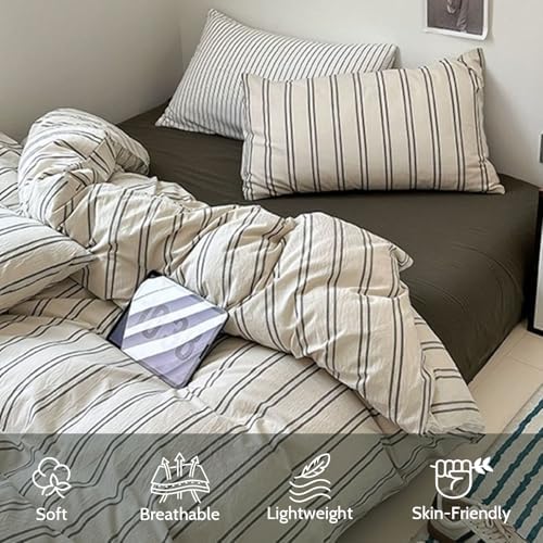 Striped Duvet Cover King Size Beige Grey Green Stripes Bedding Set