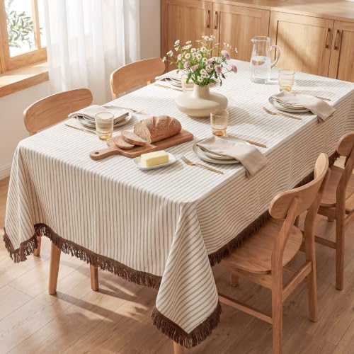 Beige Linen Rectangular Tablecloth, 70x52 Inch, Farmhouse Style