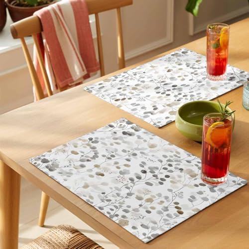Placemats Set of 8, Grey Brown Botanical Cotton Linen Place Mats