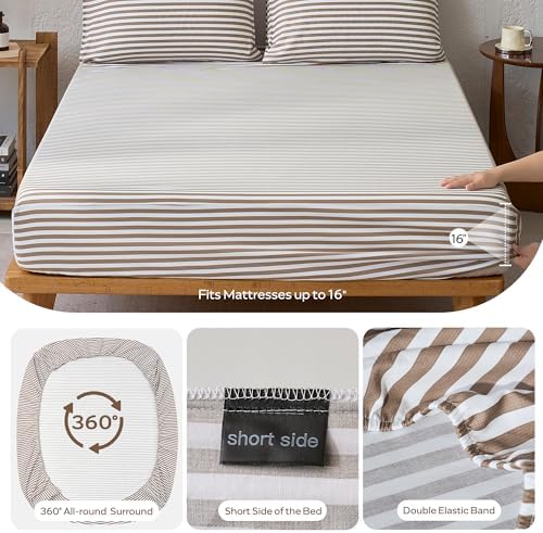 JELLYMONI 100% Cotton Sheet Set, Tan Striped, Full