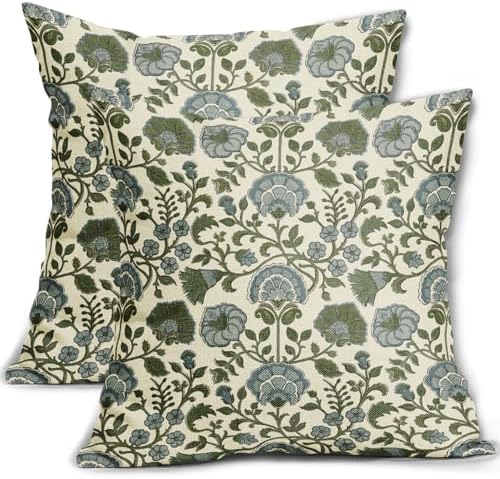 Blue Sage Green Floral Block Print Pillow Covers 22x22 Set of 2