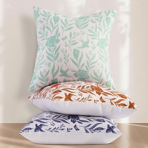 decorUhome Aqua Linen Print Floral Throw Pillow Covers 20x20 Set of 2
