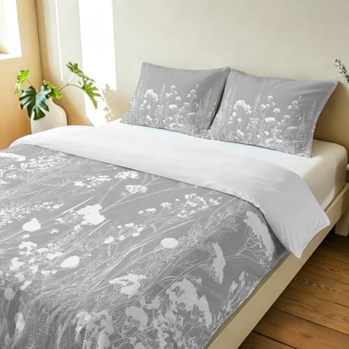 3 Pieces Bedding Set Queen Size, Grey Spring Floral Soft Duvet Covers