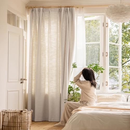 LETAU Long Linen Beige Curtains 108 inches, Lined Blackout Pencil