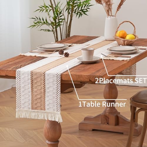 Boho Table Runner with Tassels 108 Inches Long Farmhouse Rustic Cream