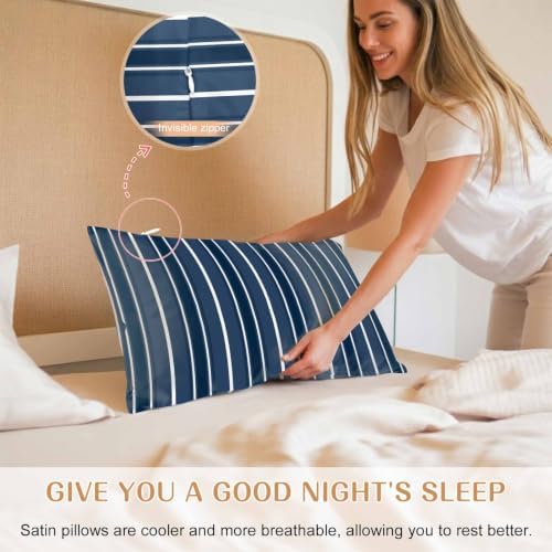Navy Blue Stripe Pillow Cases Queen Size Set of 2, Modern Minimalist