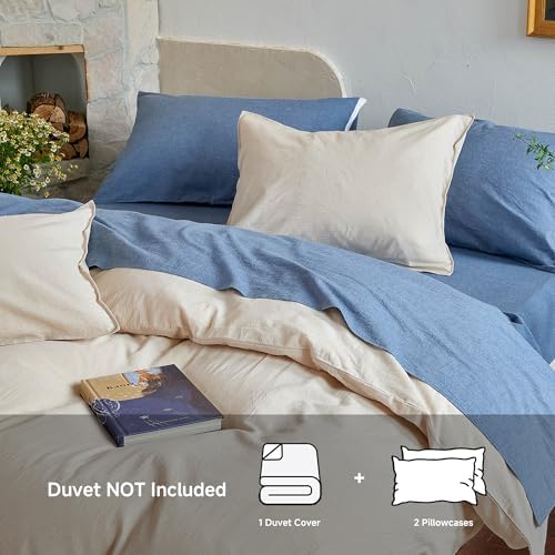 Full Size Washed Cotton Duvet Cover Set, 3 Pieces Linen Like Cooling