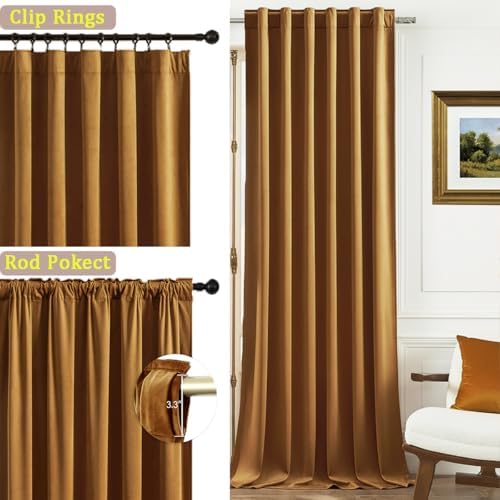 Timeper Gold Brown Velvet Blackout Curtains 52x120 inches, 2Pcs, Back