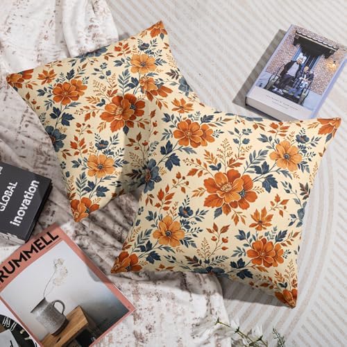 Orange Blue Fall Floral Pillow Covers 20X20 Set of 2, Autumn Colored