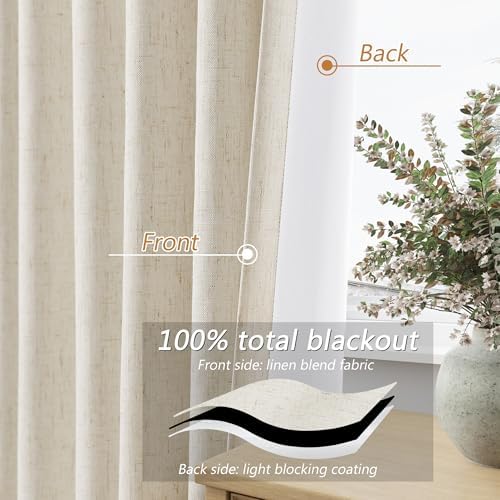 Guken Extra Long 100% Blackout Linen Curtains 120 Inches Birch Beige