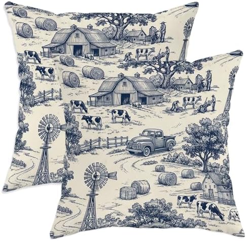 Barn Throw Pillow Covers Set of 2, Rustic Farmhouse Cow Winnowing Fall