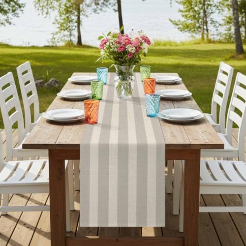 Minimalist Taupe Stripes Table Runner Farmhouse Linen Texture Dresser