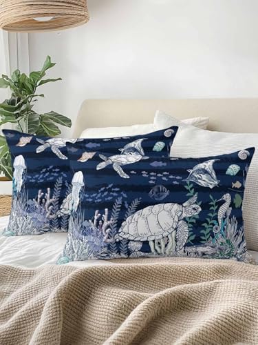 Throw Pillows 12x20 Set of 2, Navy Blue Turtle Coastal Waterproof