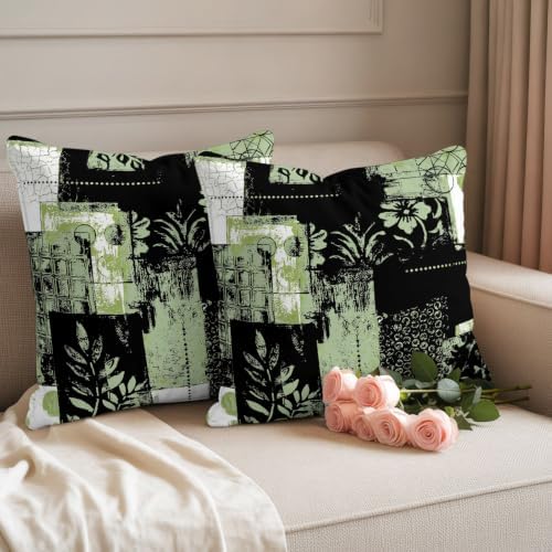 Sage Green Black Floral Leaves Decorative Throw Pillow Covers 18x18