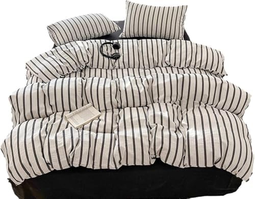 Washed Cotton Duvet Cover Set, Simple Striped Cotton Bedding 4 Pieces