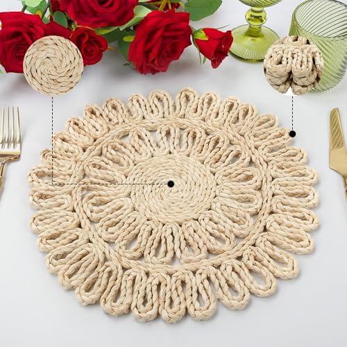 fanquare 11.8-Inch Round Corn Husk Placemats Set of 4, Farmhouse Boho