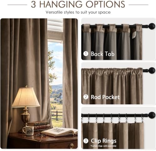 75% Blackout Velvet Curtains, Rod Pocket Back Tab 2Pcs 52x72 Brown