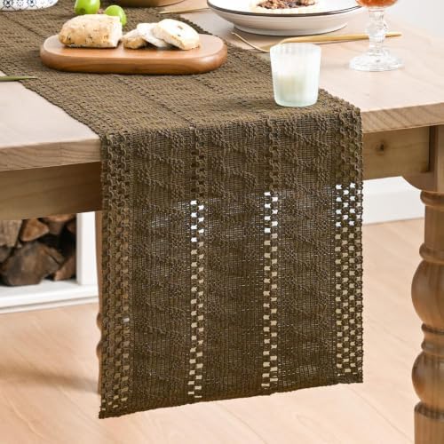 Artoid Mode Coffee Woven Farmhouse Hollow Table Runner 12x120 Inch