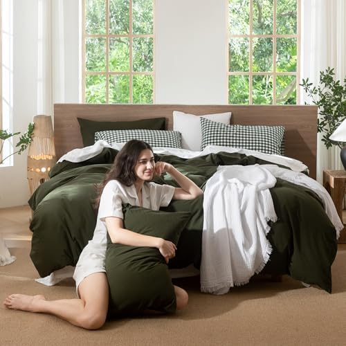 MooMee Duvet Cover Set 100% Washed Cotton Linen Like Queen