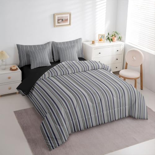 Erosebridal Gray Stripes King 7-Piece Comforter Set | Men Women Kids