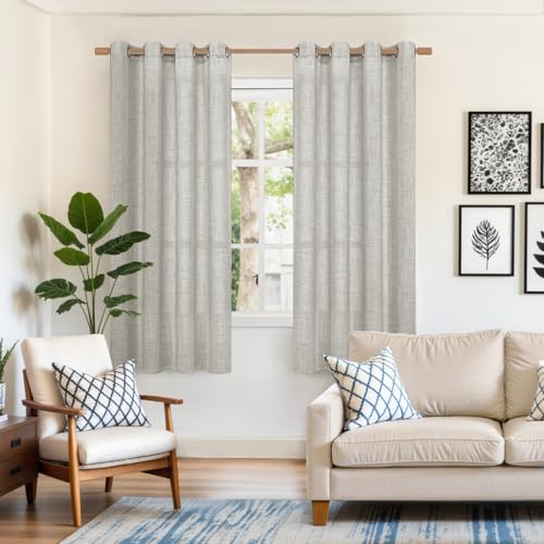 YoungsTex Light Grey Linen Curtains 63 Inches Long 2 Panels