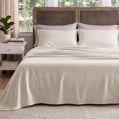 Herringbone Woven 100% Cotton Throw Blanket - Linen Beige Oversized