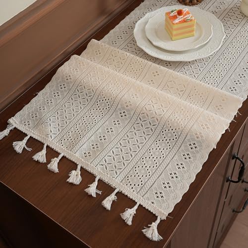 Lace Table Runner Long with Tassels - Elegant Farmhouse Blend Decor