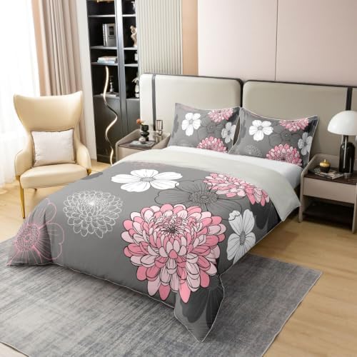 Feelyou Pink Gray Floral Boho Duvet Cover 100% Cotton Queen Size