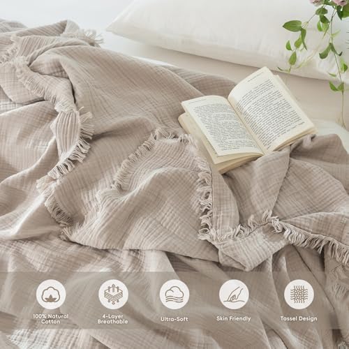 MooMee 100% Cotton Muslin Blanket Fringed 4-Layer Gauze Bed Throw