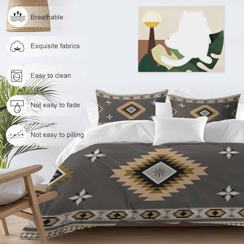Gray Brown Boho Duvet Cover Set, Vintage Farmhouse Abstract Ethnic