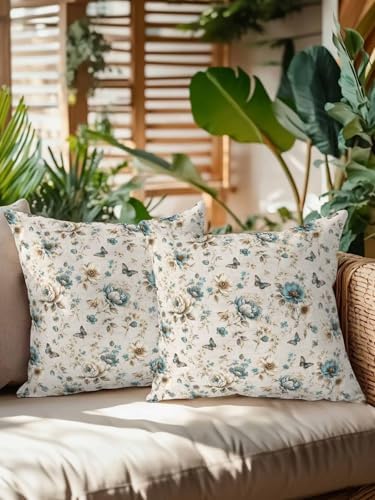 Vintage Tulip Throw Pillows 18x18 Set of 2, Teal Flowers Butterfly