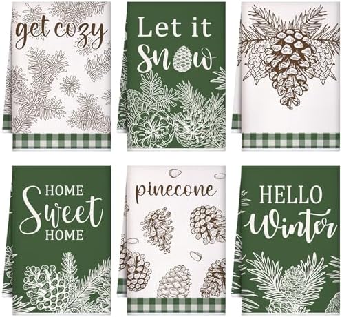 Preboun 6 Pcs Christmas Kitchen Towels Winter Hand Towels Pine Cones