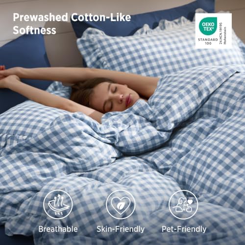Bedsure Gingham Ruffle Duvet Cover Set, Queen Cotton-Like Quilt Cover