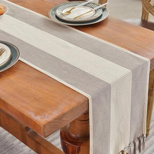 Boho Table Runner with Tassels Rustic Striped Cotton Linen Farmhouse