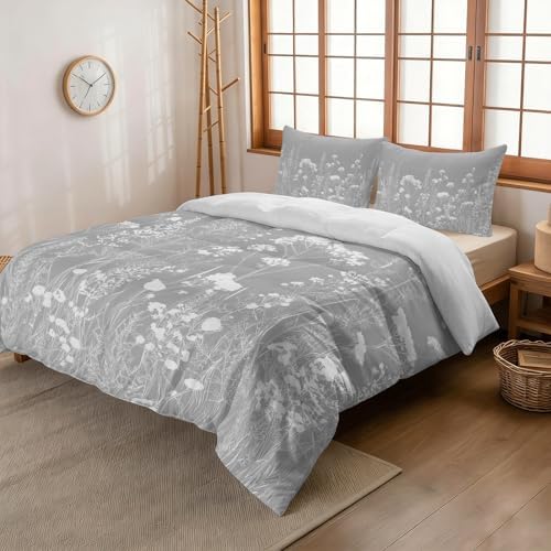3 Pieces Bedding Set Queen Size, Grey Spring Floral Soft Duvet Covers