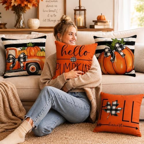 Fall Throw Pillow Covers for Home Strip Pumpkin Pillowcase 18x18 Set