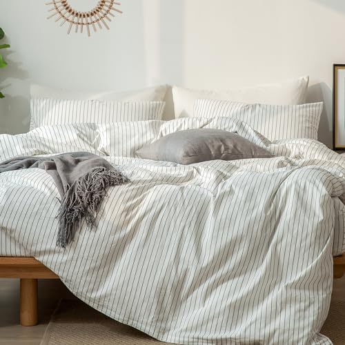 MooMee Striped Duvet Cover Set 100% Washed Cotton Linen Like Twin