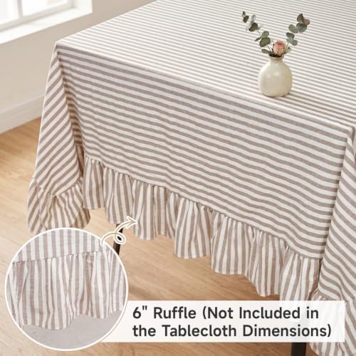 SquarePie Striped Ruffled Tablecloth Taupe White 52x70 Inch