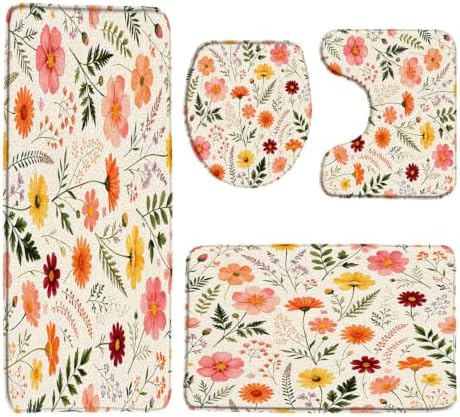 Boho Floral Wildflower Bathroom Rugs Sets 4 Pcs