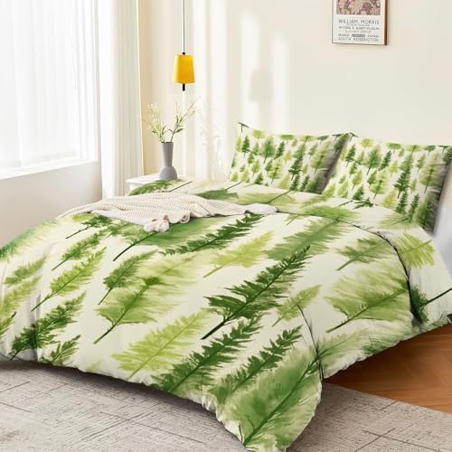 Grayish White Duvet Cover King - Minimalist Fresh Plants Pine Trees