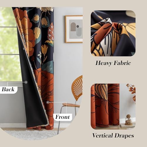 Tyrot Black Boho Floral Grommet Blackout Curtains, 52W x 96L, 2 Panels