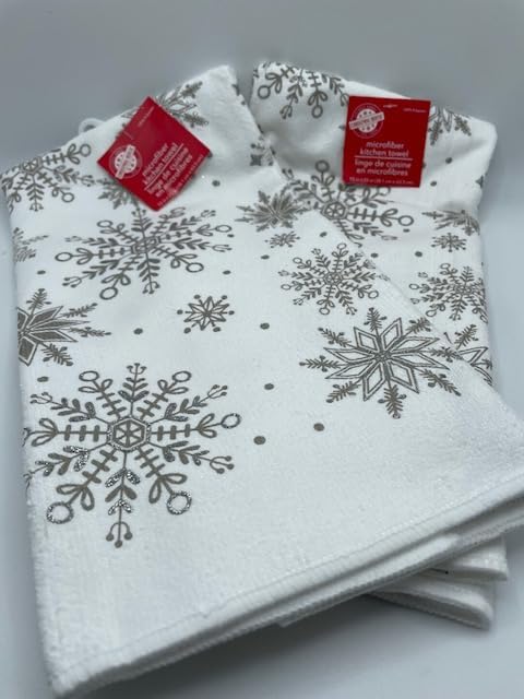 A Set of 2 Christmas Dish Towels White with Silver Snowflakes.