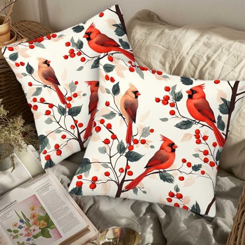 Red Cardinal Throw Pillow Covers 18x18 Set of 2 | Bird Berry Branch