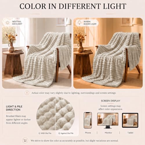 HIMEET Beige King Size Blanket for Bed, 300GSM Ribbed Fleece